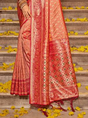 peach woven banarasi art silk blend saree 3