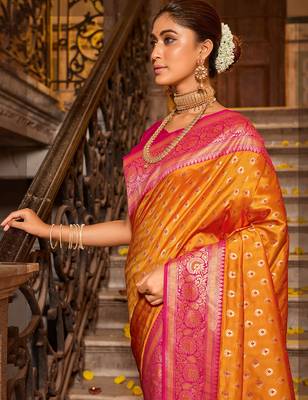 musturd woven banarasi art silk blend saree 2