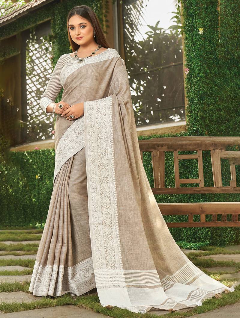 light brown solid with woven border linen saree