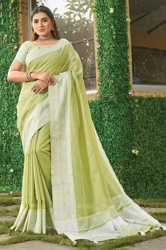 lime green solid with woven border linen saree