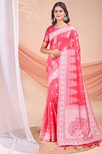 pink color embroidered & woven linen cotton saree