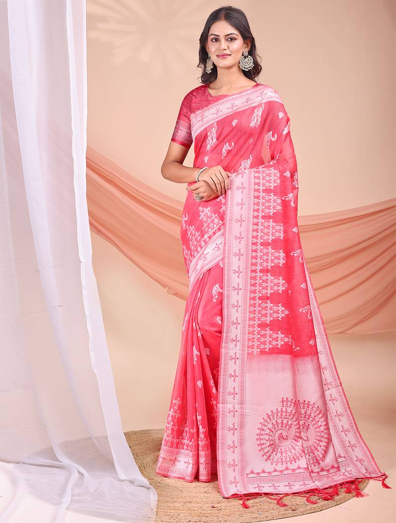 pink color embroidered & woven linen cotton saree