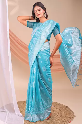 sky blue color embroidered & woven linen cotton saree