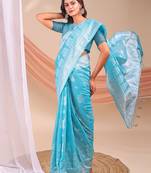 sky blue color embroidered & woven linen cotton saree