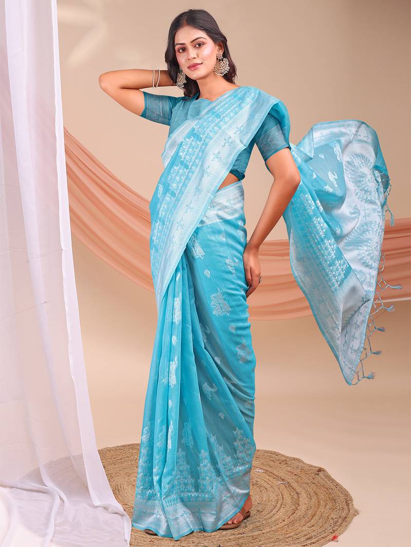 sky blue color embroidered & woven linen cotton saree