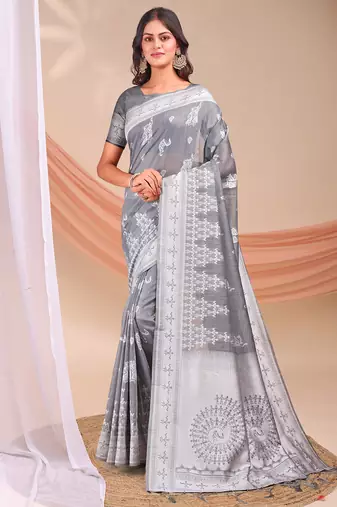 grey color embroidered & woven linen cotton saree
