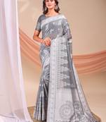 grey color embroidered & woven linen cotton saree