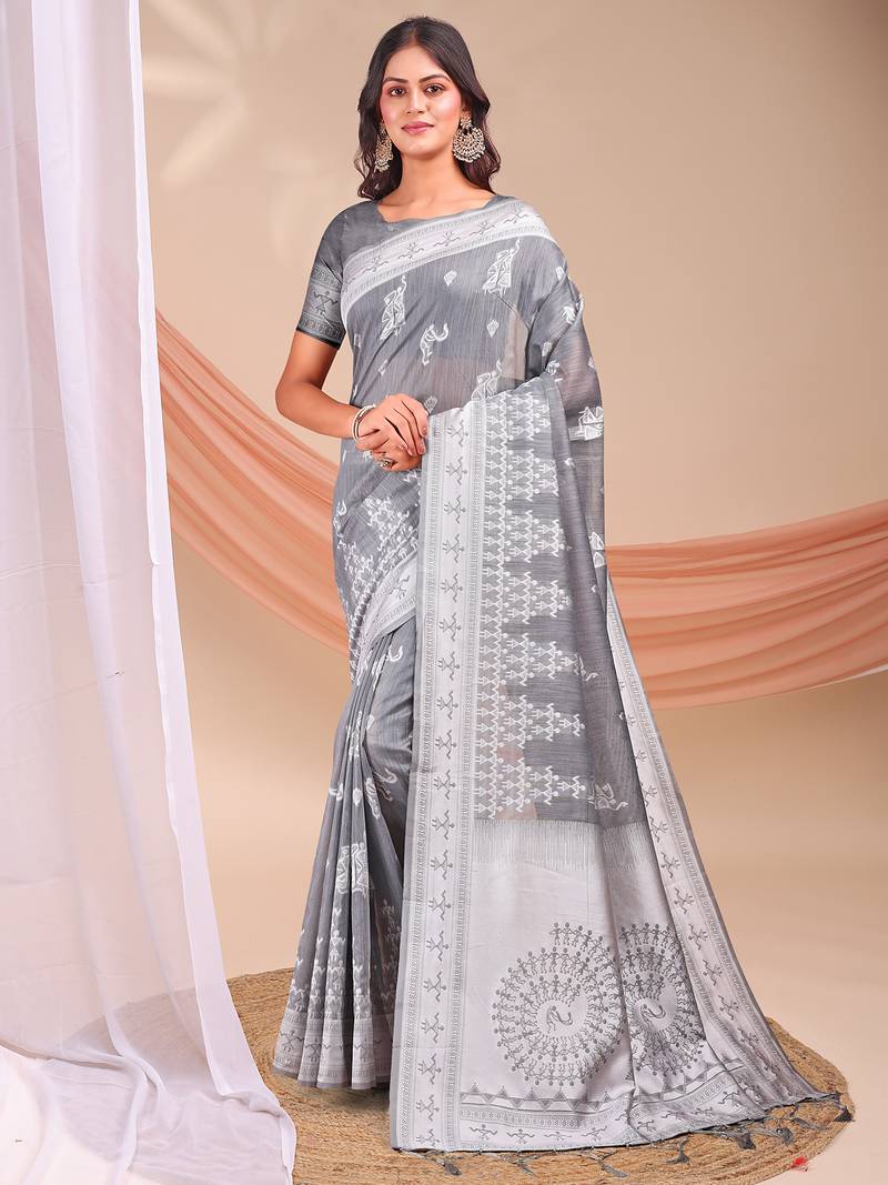 grey color embroidered & woven linen cotton saree