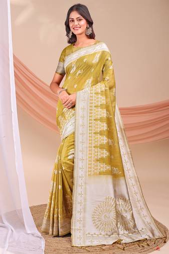 musturd color embroidered & woven linen cotton saree