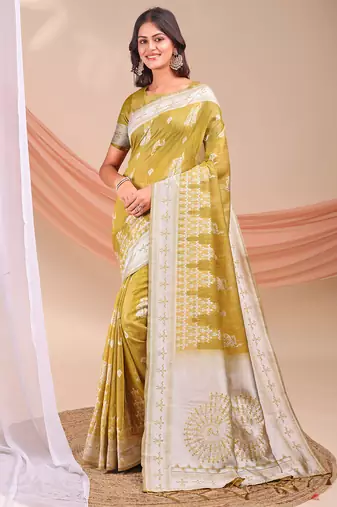 musturd color embroidered & woven linen cotton saree