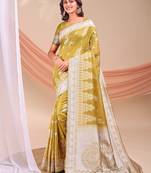 musturd color embroidered & woven linen cotton saree