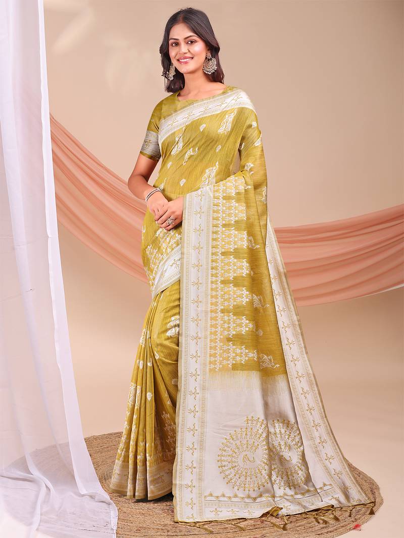 musturd color embroidered & woven linen cotton saree