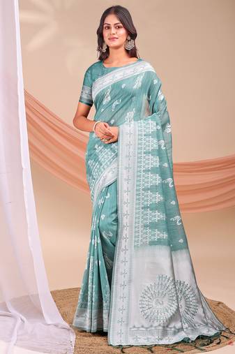sea green color embroidered & woven linen cotton saree