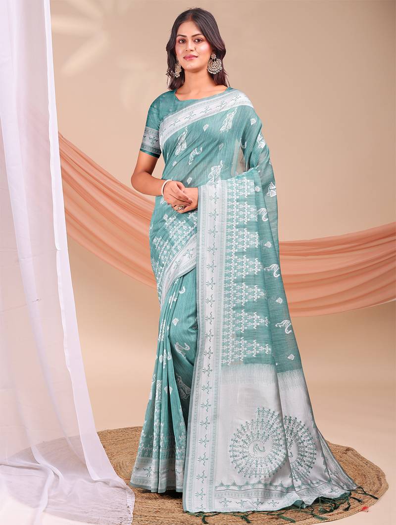 sea green color embroidered & woven linen cotton saree