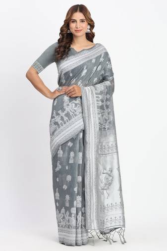 grey color embroidered linen cotton saree