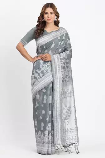 grey color embroidered linen cotton saree