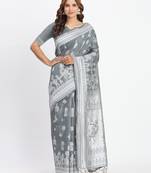 grey color embroidered linen cotton saree