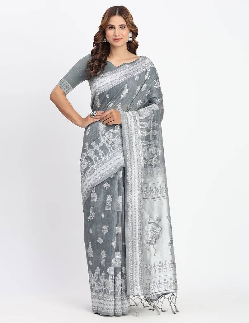 grey color embroidered linen cotton saree