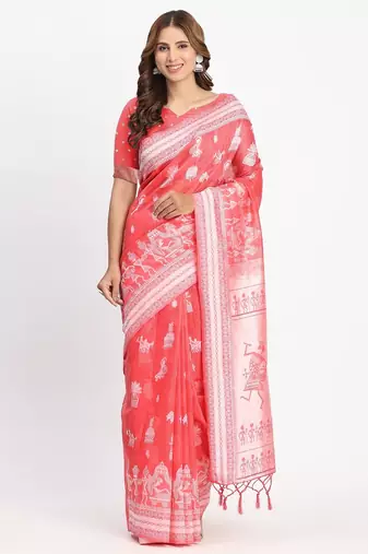 pink color embroidered linen cotton saree