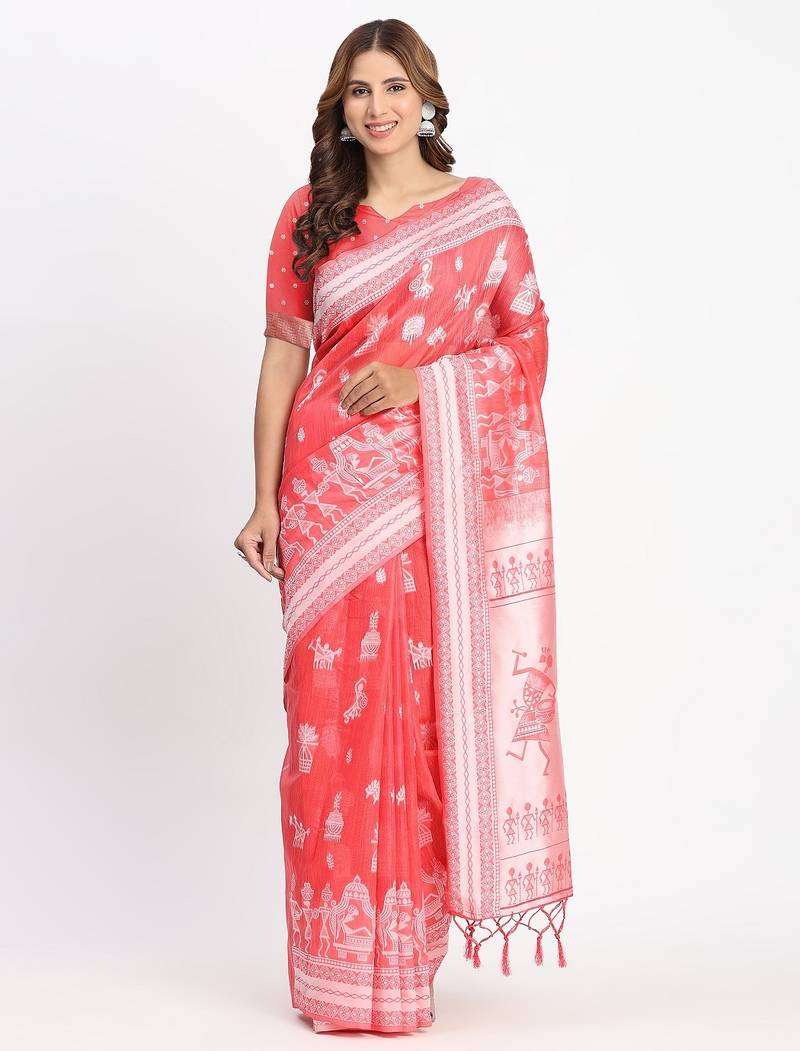 pink color embroidered linen cotton saree