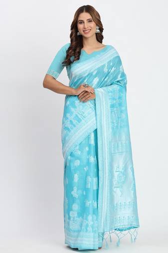 sky blue color embroidered linen cotton saree
