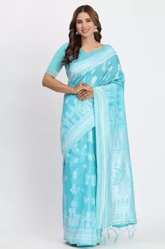 sky blue color embroidered linen cotton saree