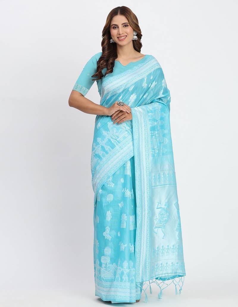 sky blue color embroidered linen cotton saree