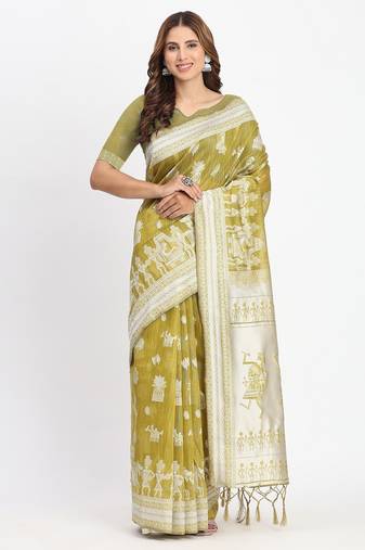 musturd color embroidered linen cotton saree