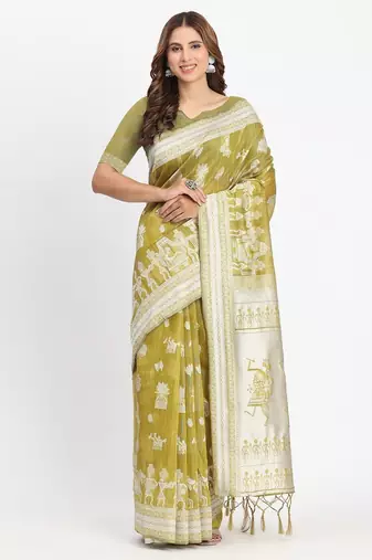 musturd color embroidered linen cotton saree