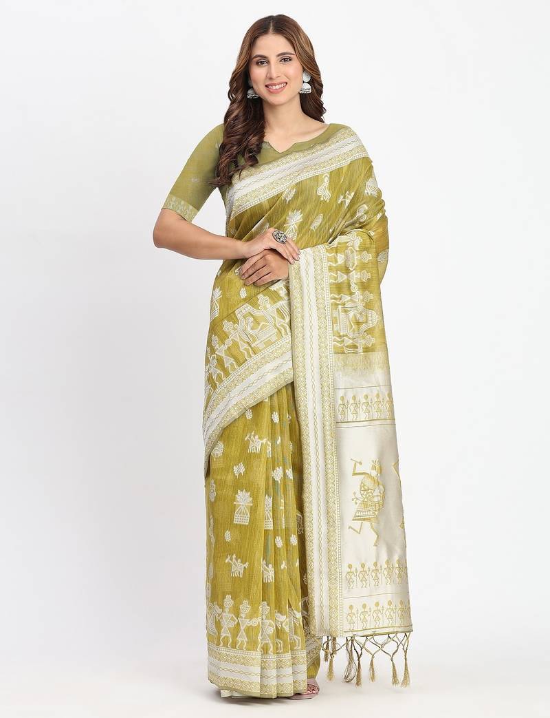 musturd color embroidered linen cotton saree