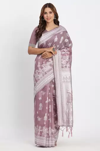 sea green color embroidered linen cotton saree