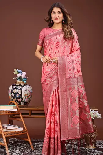 peach color embroidered linen cotton saree
