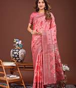 peach color embroidered linen cotton saree