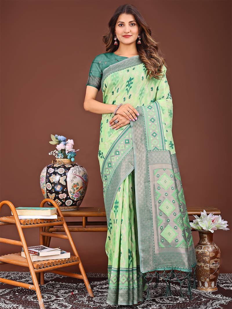 light green color embroidered linen cotton saree