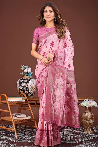pink color embroidered linen cotton saree