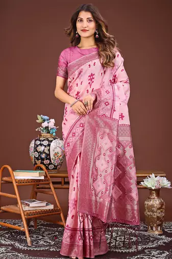 pink color embroidered linen cotton saree