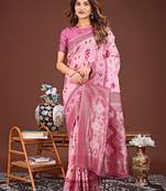 pink color embroidered linen cotton saree