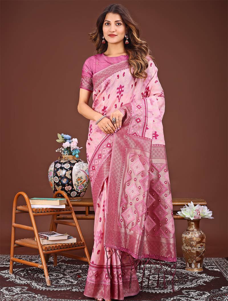 pink color embroidered linen cotton saree