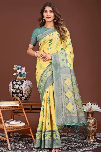 yellow color embroidered linen cotton saree