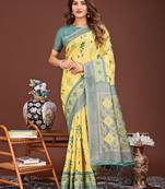 yellow color embroidered linen cotton saree