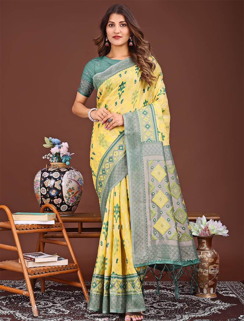 yellow color embroidered linen cotton saree