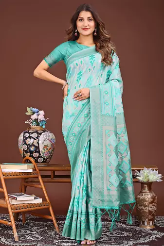 sea green color embroidered linen cotton saree