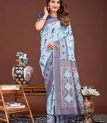 sky blue color embroidered linen cotton saree