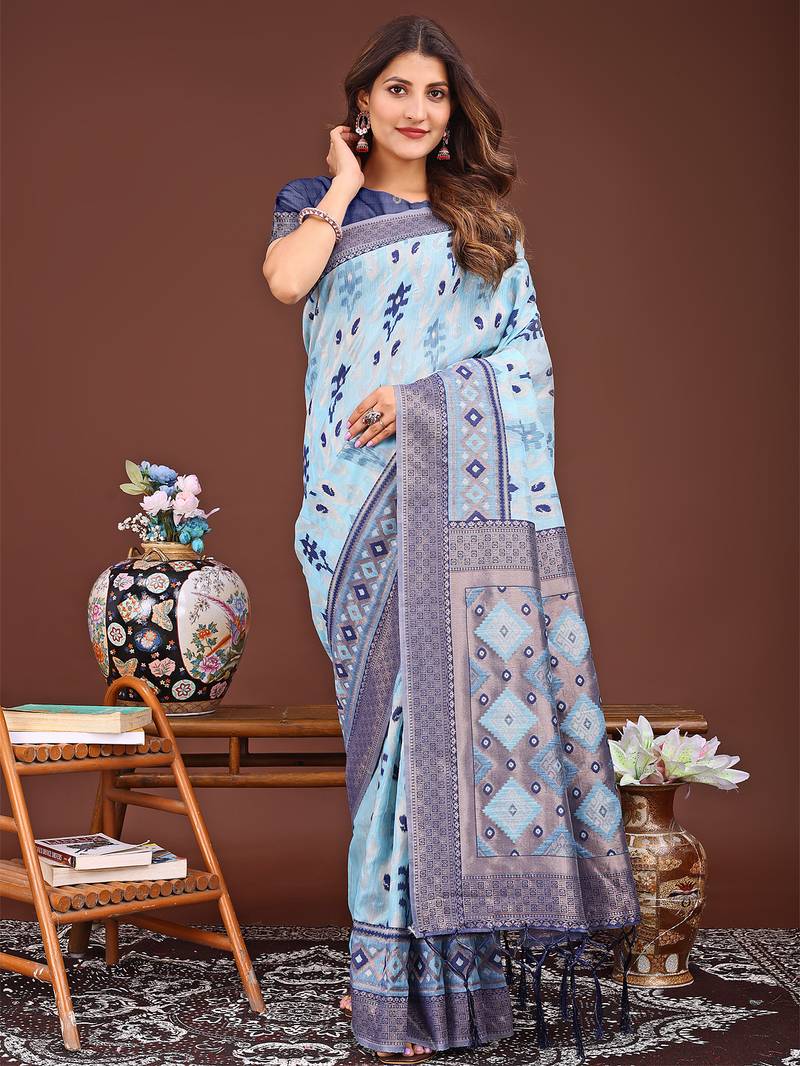 sky blue color embroidered linen cotton saree