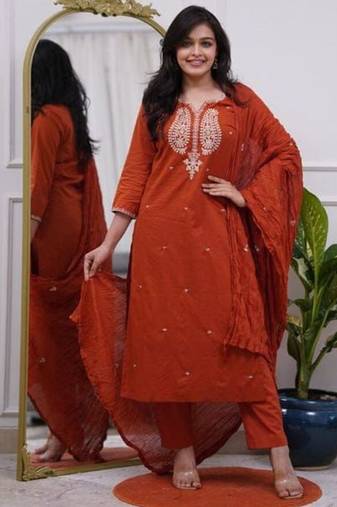 orange embroidered cotton kurta pant with dupatta