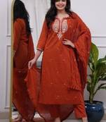 orange embroidered cotton kurta pant with dupatta