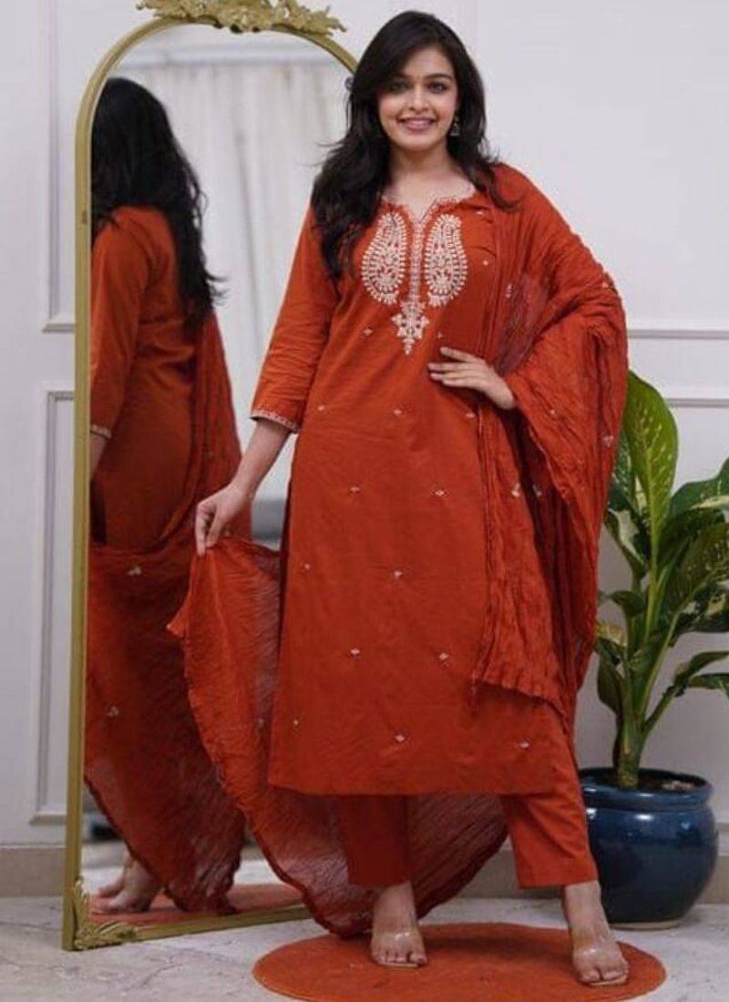 orange embroidered cotton kurta pant with dupatta