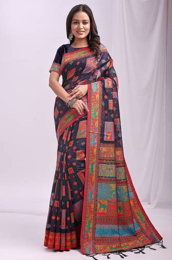 navy blue color woven work linen cotton saree
