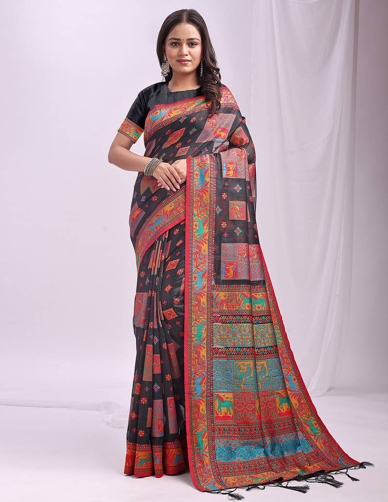 black color woven work linen cotton saree