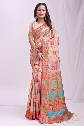 off white color woven work linen cotton saree